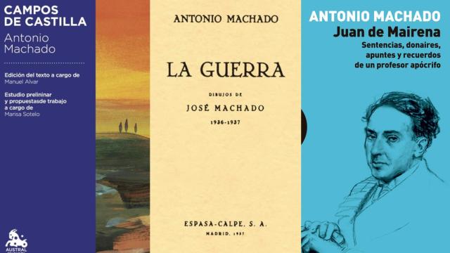 Cubiertas de los libros 'Campos de Castilla', 'La guerra' y 'Juan de Mairena', de Antonio Machado.