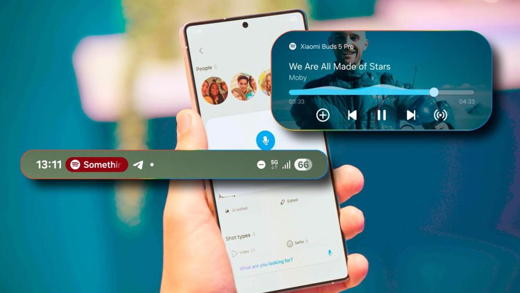 Fotomontaje del nuevo widget en la barra de estado de One UI 7