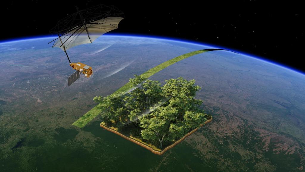 Modelo por ordenador del Biomass desplegado en órbita