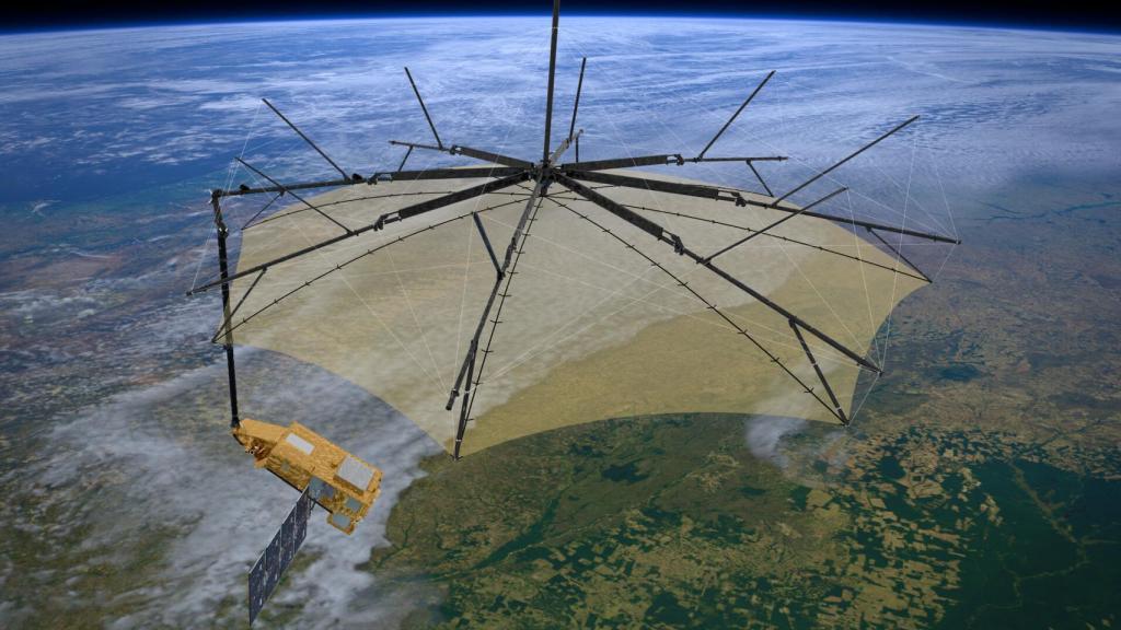 Representación por ordenador del satélite Biomass en órbita