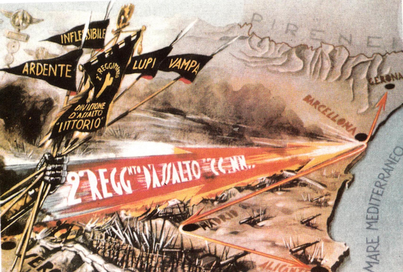 Postal italiana de 1937 celebrando el avance de los fascistas hacia Barcelona. https://es.wikipedia.org