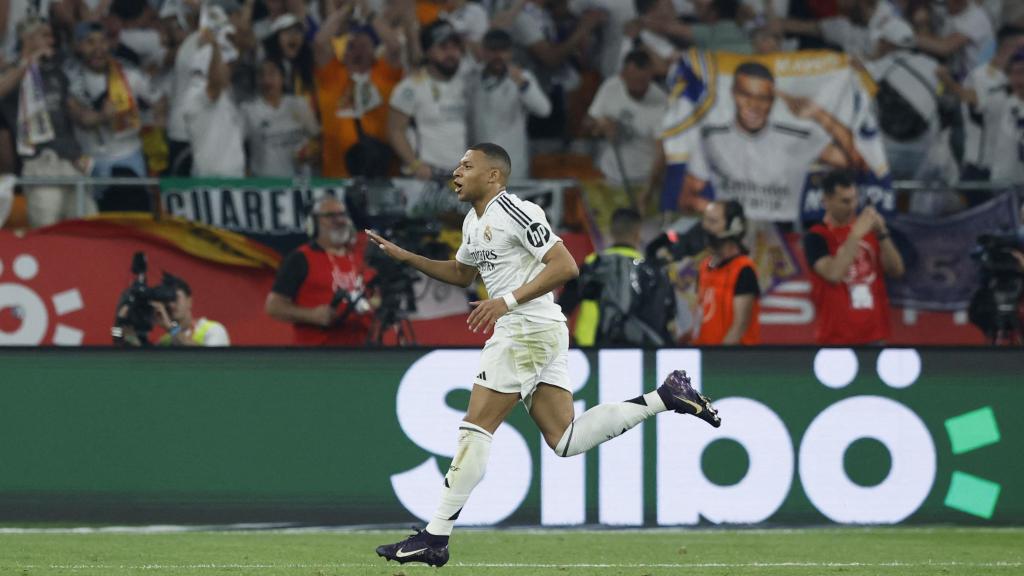 Mbappé celebra el gol del Real Madrid en la final de Copa ante el Barça.