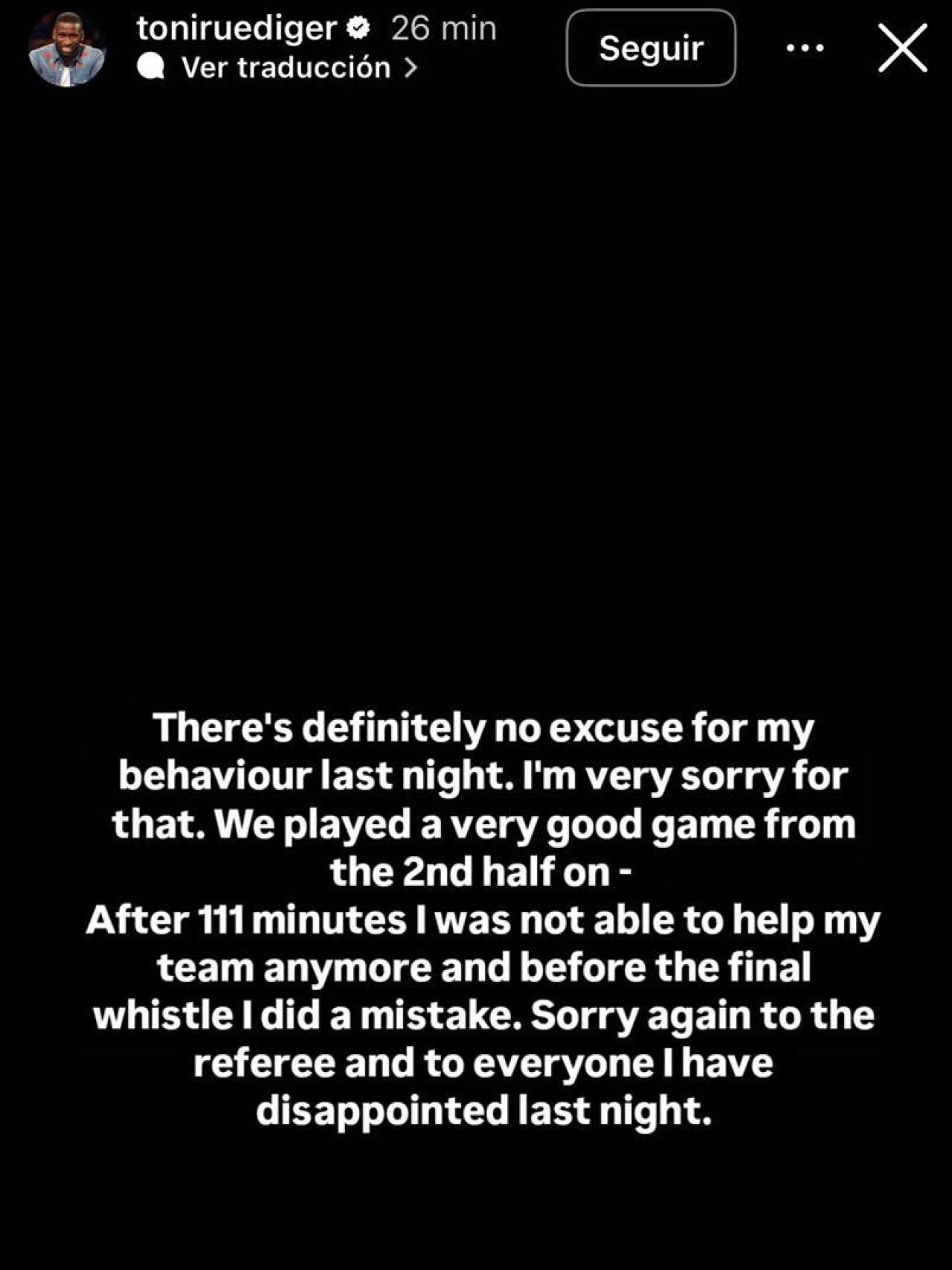 El mensaje de Rüdiger en sus redes sociales.
