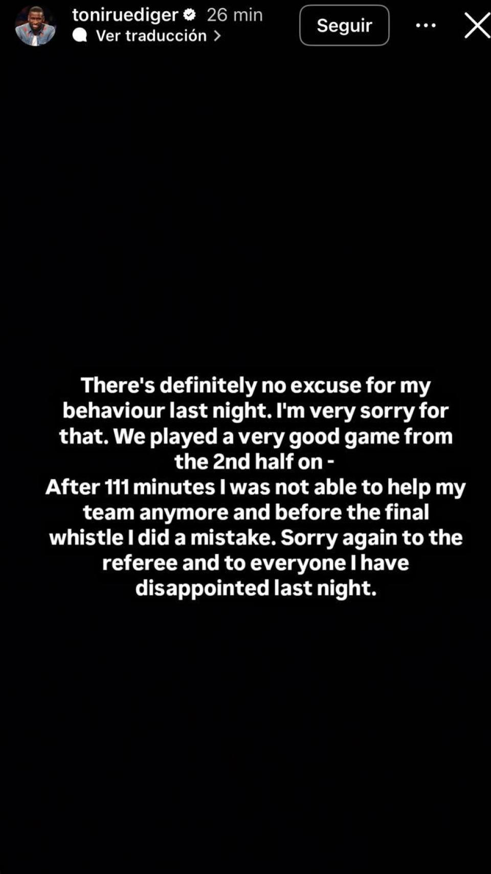 El mensaje de Rüdiger en sus redes sociales.