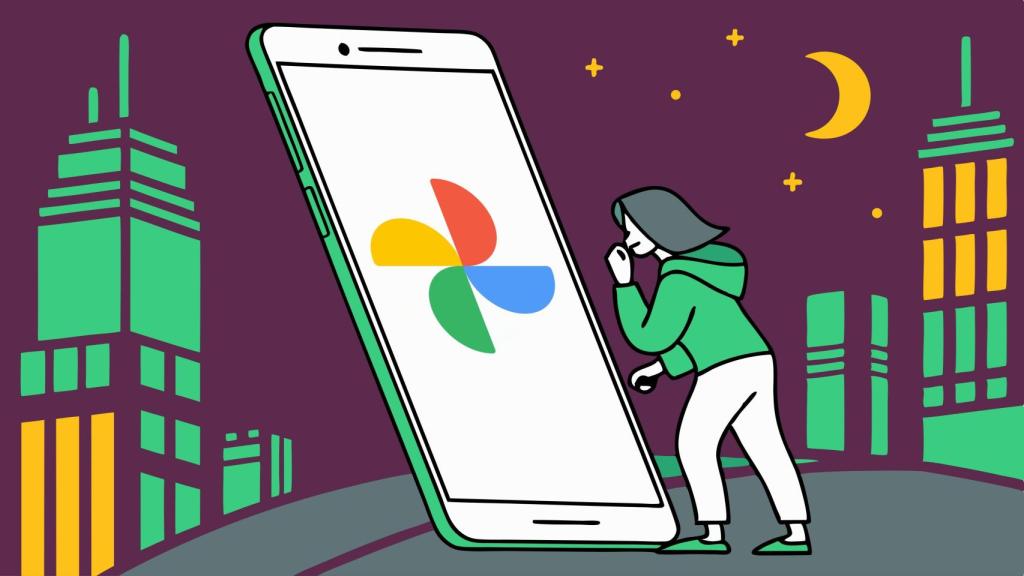 Ilustración de un móvil con el logo de Google Fotos