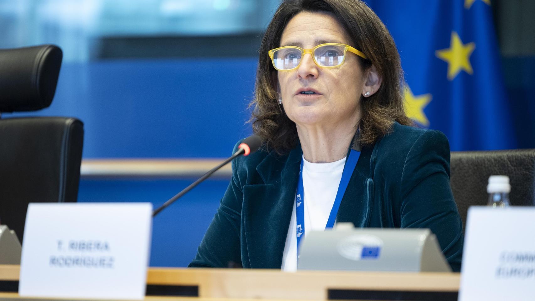 La vicepresidenta primera de la Comisión, Teresa Ribera, durante una comparecencia en la Eurocámara