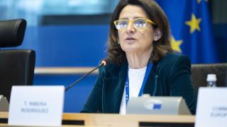 La vicepresidenta primera de la Comisión, Teresa Ribera, durante una comparecencia en la Eurocámara