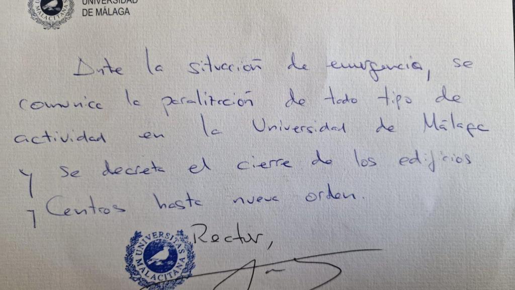 La carta del rector de la UMA para cancelar las clase.
