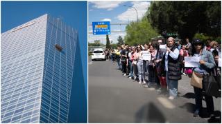 A la izquierda, unos limpiacristales atrapados en uno de los rascacielos y, a la derecha, un grupo de personas haciendo 'autostop' en la M-30.