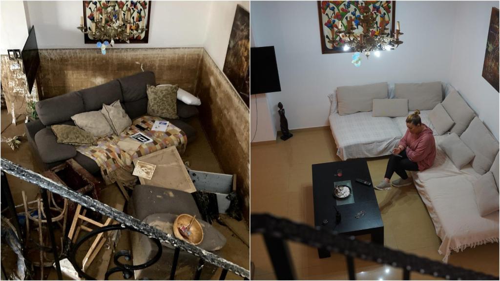 La planta baja de Cristina, tras quedar anegada por la dana; y la misma perspectiva, seis meses después. EE