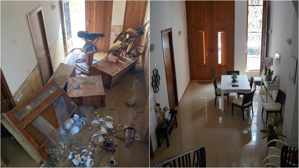 La planta baja de Cristina, tras quedar anegada por la dana; y la misma perspectiva, seis meses después. EE