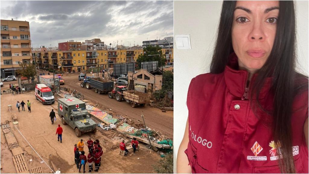 Una imagen del equipo de psicólogos expertos en Emergencia, interviniente tras la dana; y a la derecha, la psicóloga Lorena de Mingo. EE