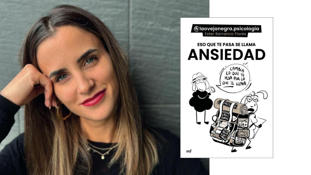 Foto montaje de Ester Barranco con la portada de su libro 'Eso que te pasa se llama ansiedad'