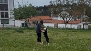 Lucía con su perro este lunes durante el apagón.