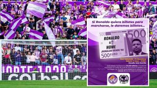 Imagen de fondo de la afición del Real Valladolid en el Fondo Norte y, en el recuadro, el cartel de la Federación de Peñas para anunciar la protesta contra Ronaldo
