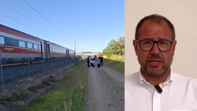 A la izquierda, una imagen del Frecciarossa 1000 que se ha quedado varado tras el gran apagón que ha vivido la península ibérica este lunes. A la derecha, una Jorge Barrera, en una declaración pública.