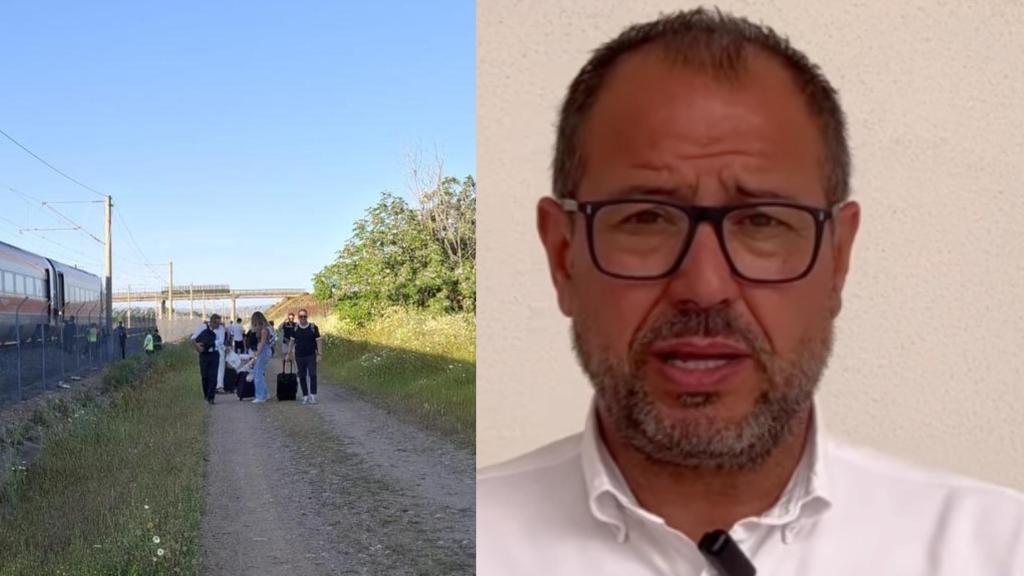 A la izquierda, una imagen del Frecciarossa 1000 que se ha quedado varado tras el gran apagón que ha vivido la península ibérica este lunes. A la derecha, una Jorge Barrera, en una declaración pública.