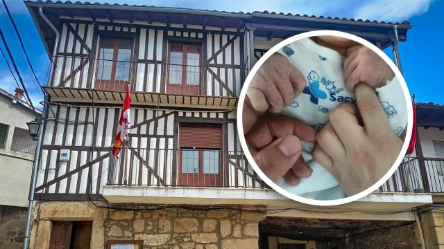 El Ayuntamiento de Las Casas del Conde y una imagen del pequeño Miguel Ángel y sus padres