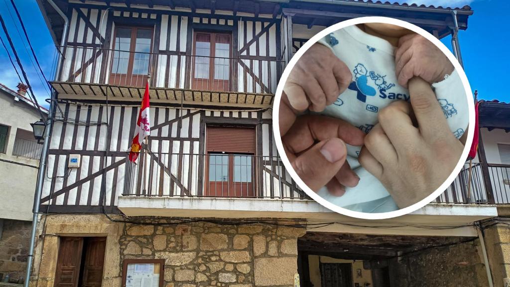 El Ayuntamiento de Las Casas del Conde y una imagen del pequeño Miguel Ángel y sus padres