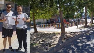 A la izquierda, Félix Armenteros junto con otro vecino de Sangonera la Seca muestran el documento enviado al Ayuntamiento de Murcia solicitando mejorar la seguridad del Parque de la Constitución (imagen derecha).