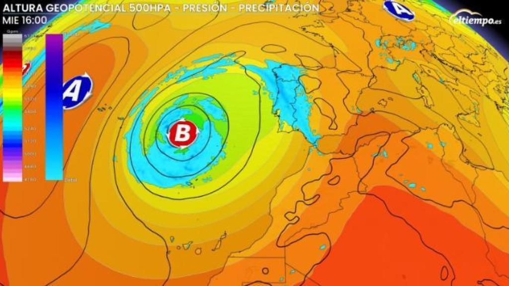La borrasca del Primero de Mayo aproximándose a España. ElTiempo.es.
