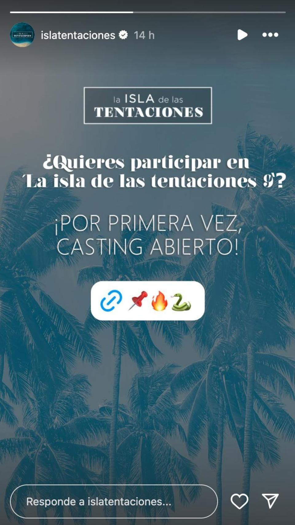 Historia de Instagram de 'La isla de las tentaciones' donde se anuncia el primer casting abierto.
