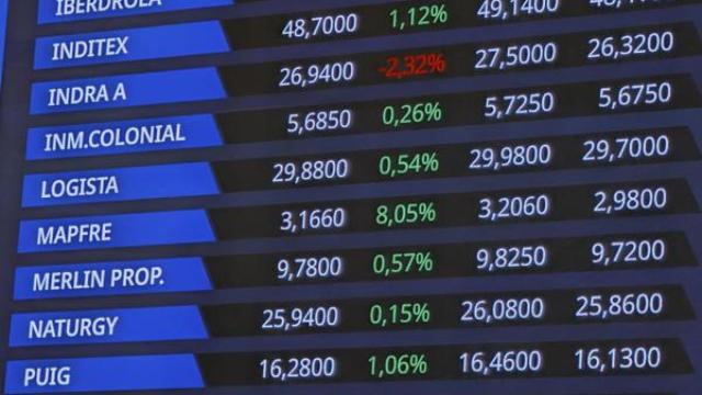 Panel del Palacio de la Bolsa de Madrid que muestra la cotización de varios valores.