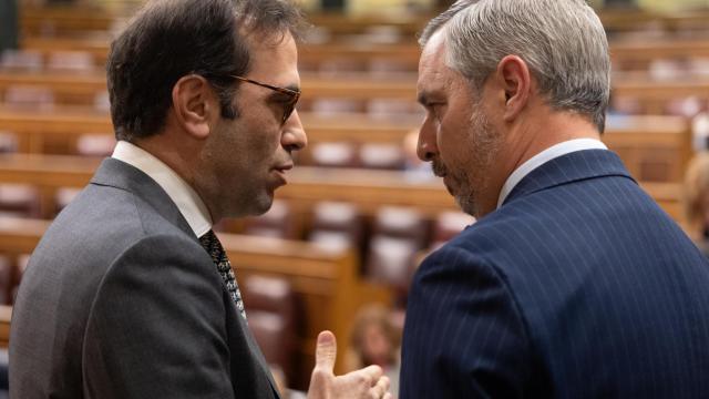 El ministro de Economía, Comercio y Empresa, Carlos Cuerpo (i), y el diputado del PP, Juan Bravo, en una imagen de archivo.