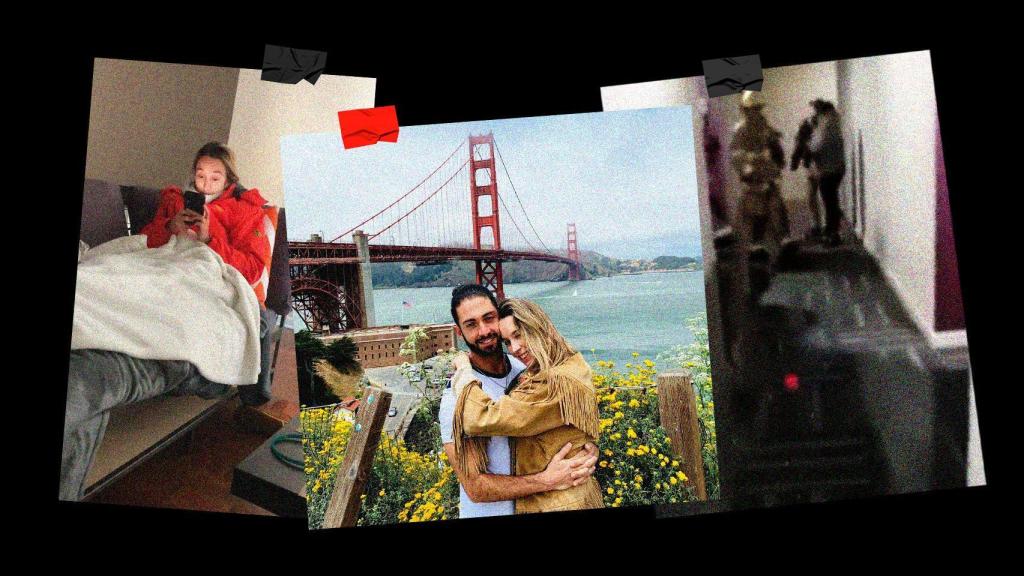 Lucía y Stefano, en la actualidad, en el Golden Gate de San Francisco. A la izquierda, la gijonesa durante el apagón de 2021. A la izquierda, una inundación en el bloque de pisos tras el colapso de las tuberías.