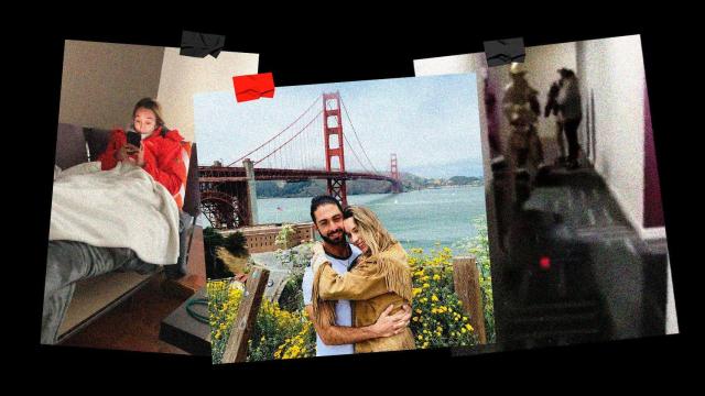 Lucía y Stefano, en la actualidad, en el Golden Gate de San Francisco. A la izquierda, la gijonesa durante el apagón de 2021. A la izquierda, una inundación en el bloque de pisos tras el colapso de las tuberías.