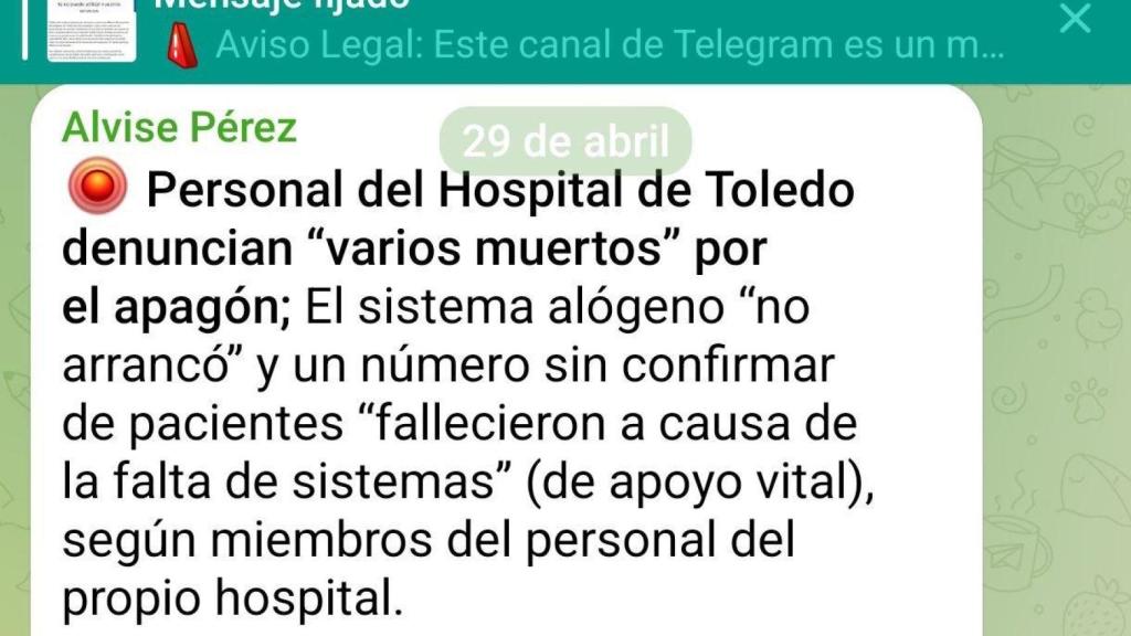 Mensaje lanzado desde el grupo de Telegram de Alvise Pérez.