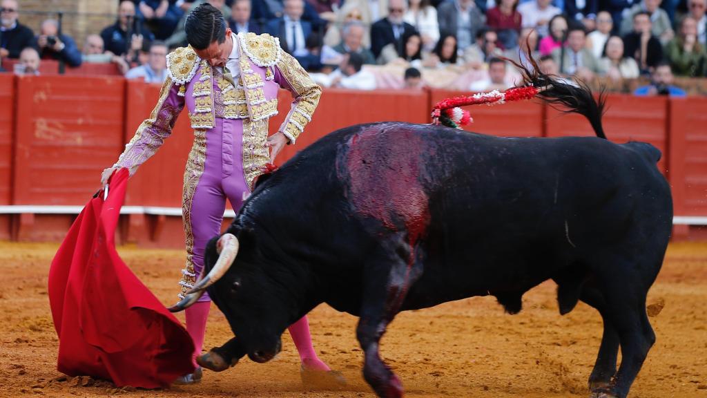 David Galván le pega un derechazo a un toro de Alcurrucén en la Maestranza.