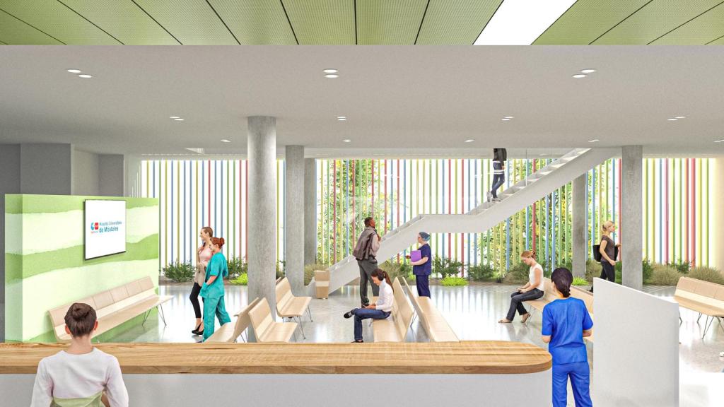 Vista del hall de la sala de espera del nuevo edificio en una infografía.