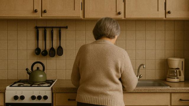 Una mujer jubilada trabajando en la cocina.