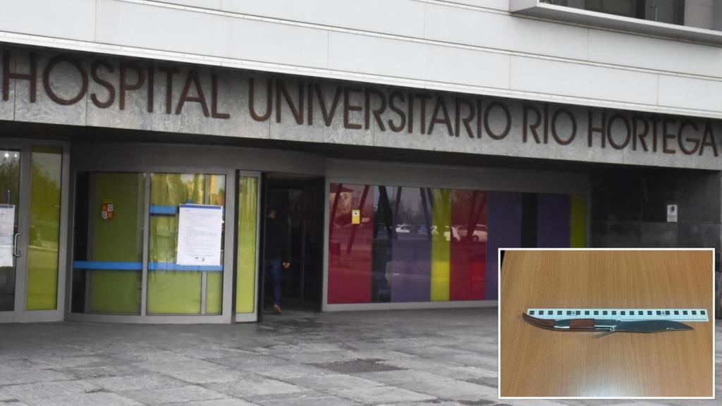 Imagen del hospital Río Hortega de Valladolid junto a la navaja con la que el detenido amenazó al vigilante de seguridad