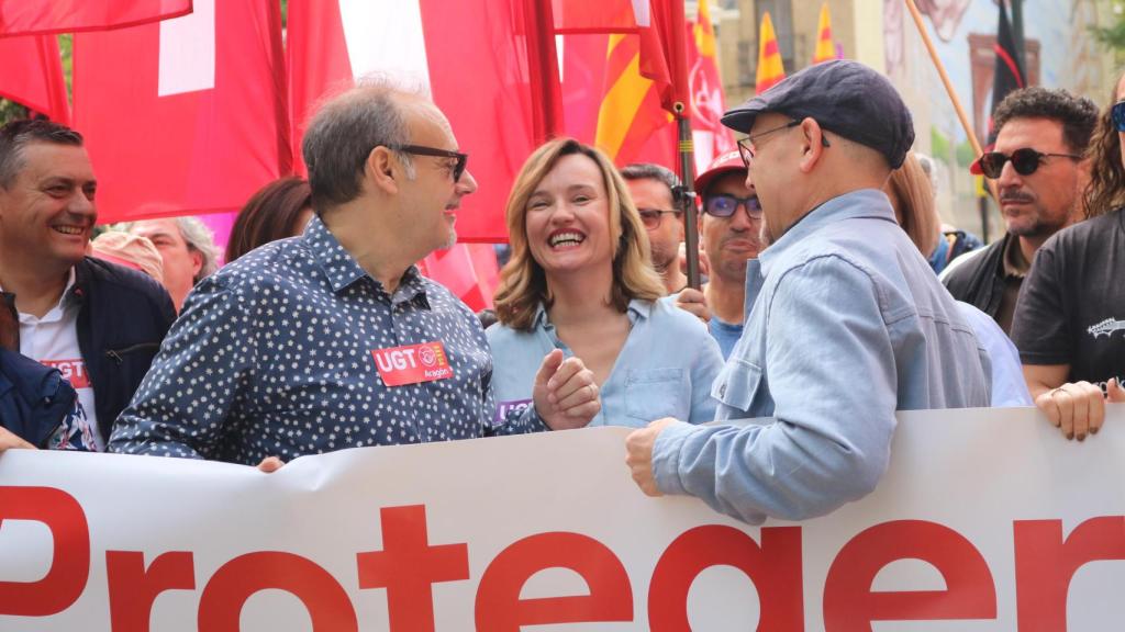 Alegría, junto a los líderes de UGT y CCOO en Aragón
