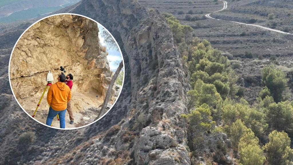 Imagen de la Sierra de Albatera, junto a otra de los trabajos arqueológicos.