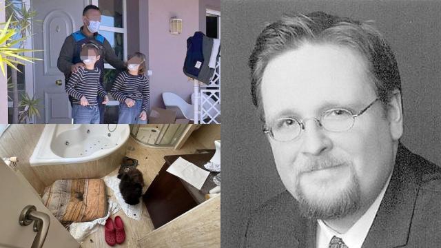 Christian, a la derecha, y dos de sus hijos y el baño de 'la casa de los horrores' de Oviedo, a la izquierda.