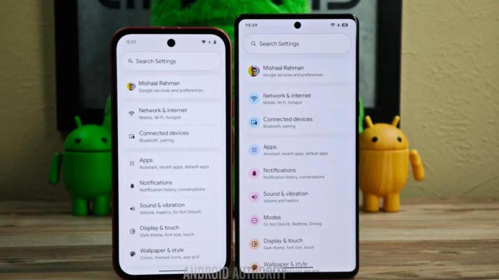 Pantalla de Ajustes de Android 16 (derecha)