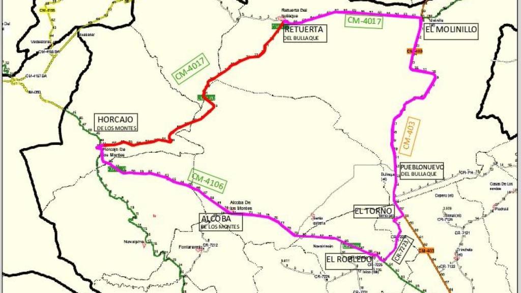 El tramo cortado aparece en rojo y el alternativo en morado.