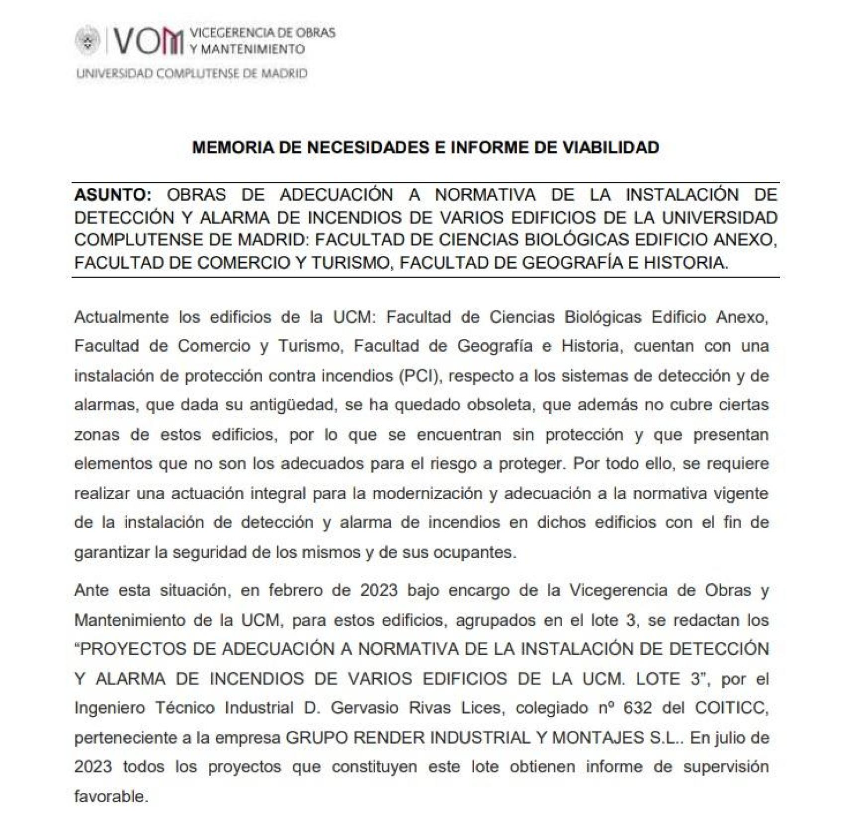 'Memoria de necesidades' de la licitación del contrato de obras de la UCM. El documento se firmó en febrero.