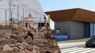 Un hombre cruza las vías destruidas de la línea 1 del metro en Paiporta, a la izquierda; 'render' de la nueva estación, a la derecha. EE