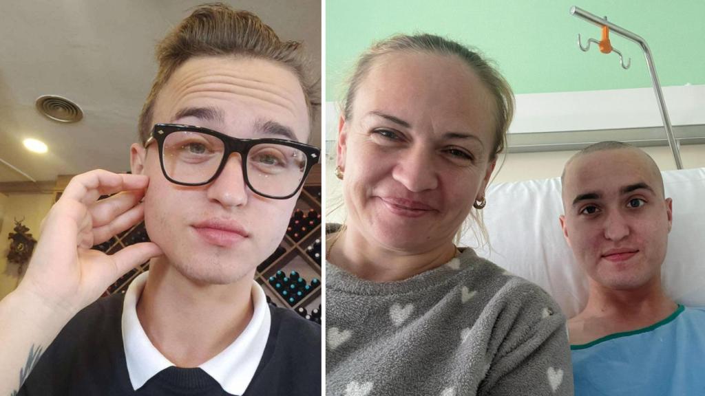 Cristian antes de la enfermedad y, a la derecha, junto a su madre en el hospital.