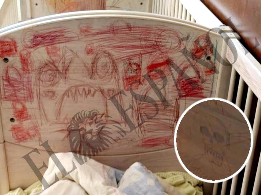 Una calavera, candados y una bestia con las fauces abiertas, dibujadas en una de las cunas donde dormían los gemelos en la 'casa de los horrores' de Oviedo.