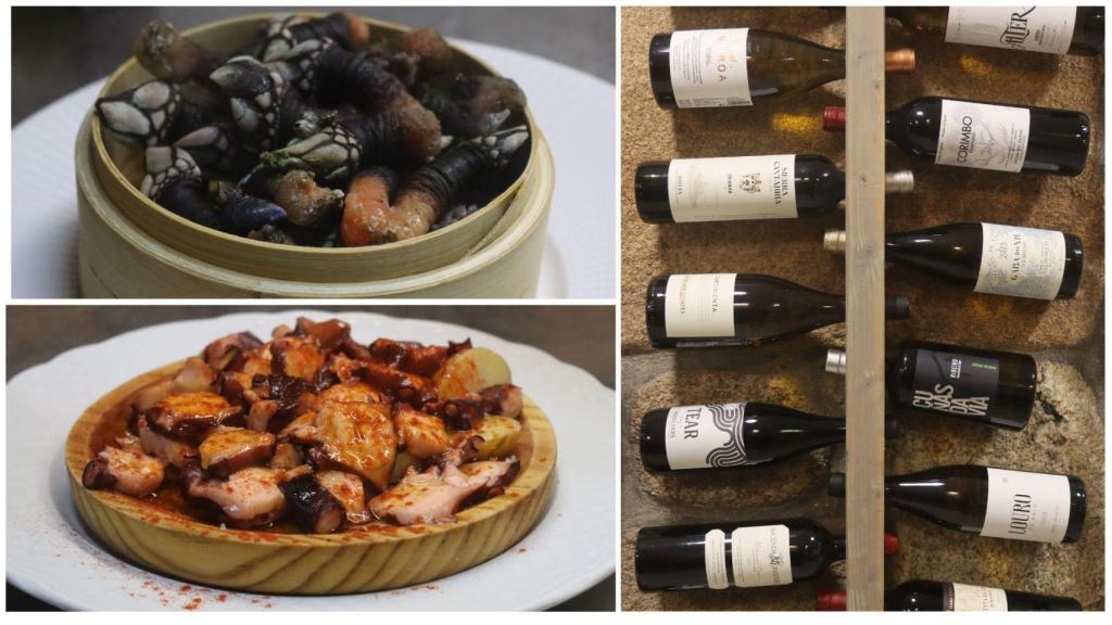 Platos preparados en O Mosquito y unas botellas de vino
