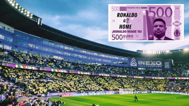La afición del Real Valladolid durante la protesta de este sábado y uno de los billetes con el rostro de Ronaldo Nazario lanzados al campo, en un montaje de EL ESPAÑOL