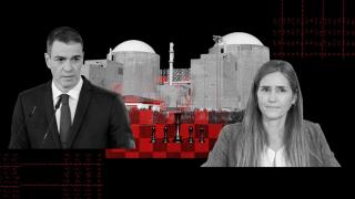 Pedro Sánchez y Sara Aagesen en un montaje junto a la central de Almaraz.