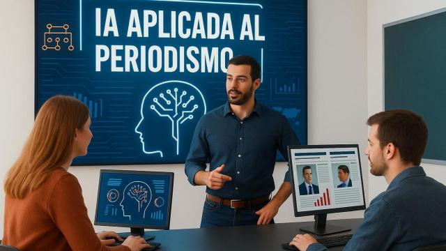Recreación del laboratorio de IA del Máster de Periodismo de EL ESPAÑOL, realizada con inteligencia artificial.