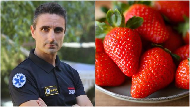 Montaje de Miguel Assal, técnico en emergencias, con fresas al lado.