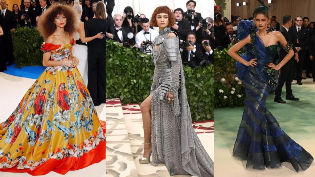 Zendaya, posando en las Gala Met 2017, 2018 y 2024.